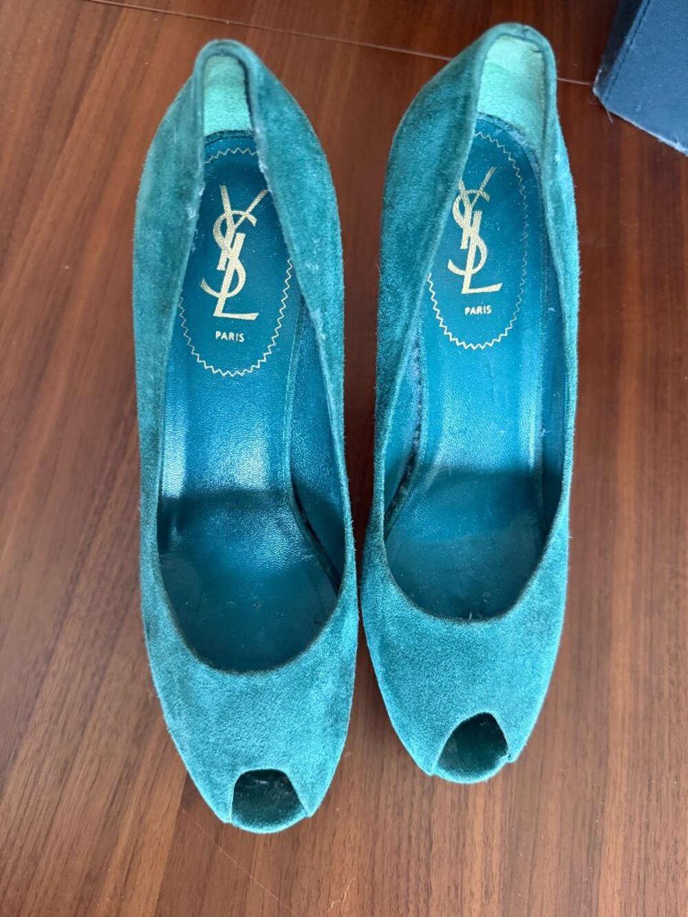 YSL Saint Laurent Teal Suede Peep Toe Platform Stilettos